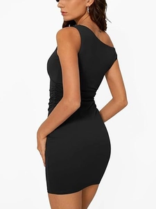 Side view of black off-shoulder mini dress with ruched waist and bodycon fit