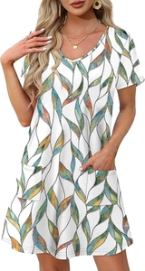 Detailed view of women V-neck short sleeve dress with colorful leaf print and front pockets