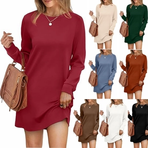 Women's Casual Long Sleeve Round Neck Sweatshirt Dress With Pockets Pleated Back Mini Straight Dress Solid Color Loose Fit