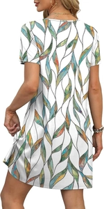 Detailed back view of white V-neck dress featuring colorful artistic leaf print textures