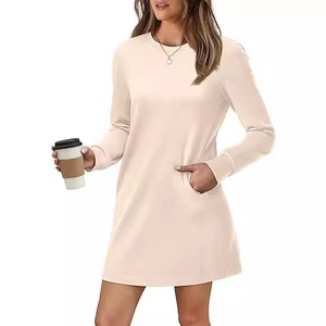 Women's crew neck long sleeve A-line dress in beige with practical side pockets