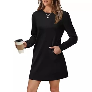 Women's black long sleeve crew neck sweatshirt dress with pockets for casual wear