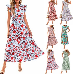 Women V Neck Flutter Sleeve Floral Tiered Maxi Dress Bohemian Ruffle Cake Summer Beach Vacation Casual Party Long Dresses