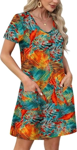Detail of the V-neckline and tropical palm leaf print on the short sleeve summer dress