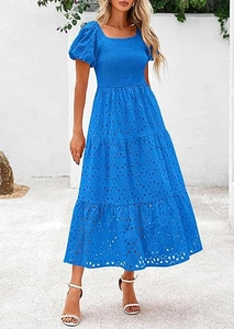 Detail of royal blue square neck dress with eyelet embroidery and smocked bodice