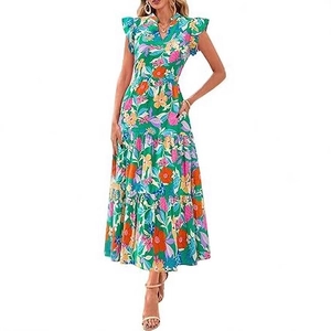 Floral V-neck maxi dress with tiered skirt and ruffled sleeves in green multi-color print