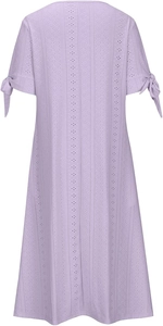 Detailed view of lilac eyelet dress with embroidered patterns and knotted sleeve ties