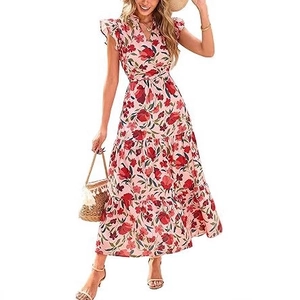Floral print maxi dress with V-neck, ruffle sleeves and tiered skirt in light pink chiffon