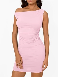 Detail of light pink sleeveless mini dress featuring ruched waist and off-shoulder neckline