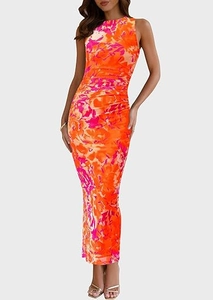 Détails de la robe longue froncée sans manches en mesh avec imprimé floral coloré