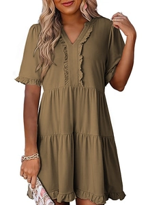 Detail of V-neck ruffled collar and tiered hem on brown casual mini A-line dress