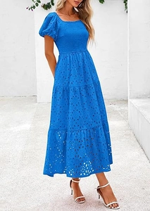 Close-up of square neck design and eyelet embroidery details on royal blue midi dress