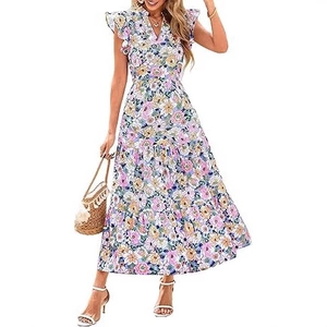 Summer V-neck floral maxi dress with ruffle cap sleeves and a pleated hemline