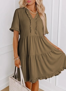 Detail of olive green V-neck mini dress with ruffled sleeves and tiered cake skirt layers