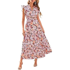 Floral V-neck midi dress with ruffle sleeves and tiered cake skirt in black and pink pattern