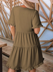 Back view of a tiered olive green mini dress with ruffled hem and flutter sleeves