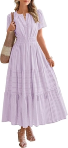 Detail of lavender V-neck layered maxi dress with puff sleeves and pleated waist texture