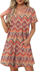 Detailed view of the V-neckline and vibrant geometric tribal print on a short sleeve dress