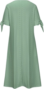 Rear view of a light green eyelet lace dress with V-neckline and bow-tied cuffs