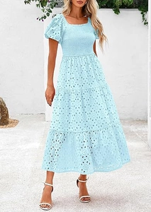 Detail of light blue smocked square neck dress with floral eyelet embroidery and puff sleeves