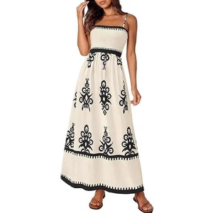 Abito Lungo Cami Smock con Stampa Floreale Boemia Stile Etnico Spalline Sottili Regolabili Senza Maniche Abito da Spiaggia