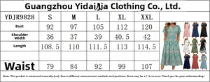 Size guide for women's floral midi dress with measurements for S-XXL in centimeters