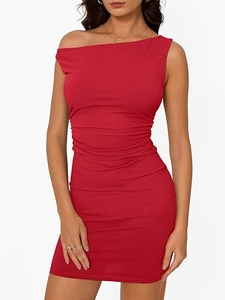 Detail of red off-shoulder mini dress featuring elegant side ruching and slim fit design