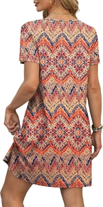 Detail of bohemian geometric print on a short-sleeved V-neck dress from a back view