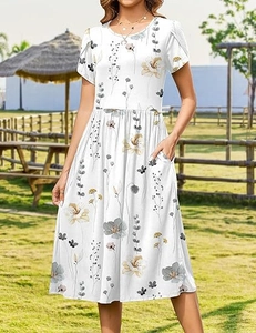 Detail view of floral print dress with petal sleeves and functional side pockets