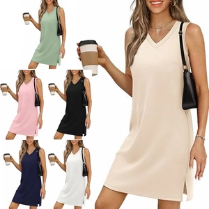 Robe Décontractée à Col en V Sans Manches Avec Fente pour Femme Robe Courte Ample Couleur Unie pour Vacances à la Plage