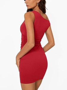 Detail view of the side ruching and slimming cut on the red one-shoulder mini dress