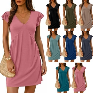 Women Summer V Neck Flutter Sleeve Mini Dress Casual Solid Color Pleated High Waist A-Line Beach Resort Swing Dress