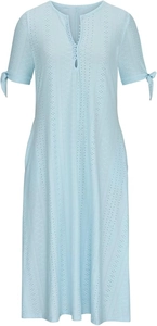 Close-up of sky blue eyelet dress featuring V-neck buttons and knotted tie cuffs