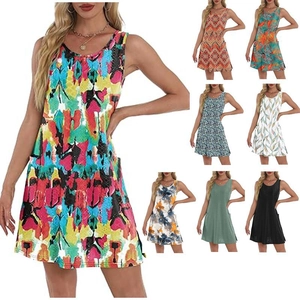 Abito Midi da Donna Casual Senza Maniche a Trapezio Con Tasche Estive in Pizzo Occhiello Stampa Floreale Girocollo Vacanza Spiaggia