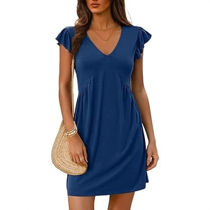 Navy blue V-neck mini dress featuring flutter sleeves and a pleated A-line silhouette