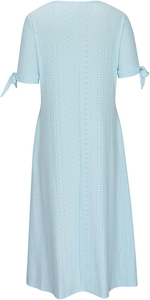 Detail of light blue pointelle eyelet dress with V-neck and knotted sleeve bows
