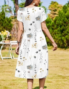 Close-up of summer white floral midi dress featuring short petal sleeves and round neck