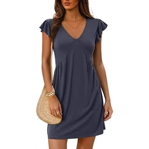 Women's V-neck mini dress with ruffle flutter sleeves in dark grey blue for casual style