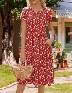 Close-up of red floral dress with functional side pockets and summer petal sleeves