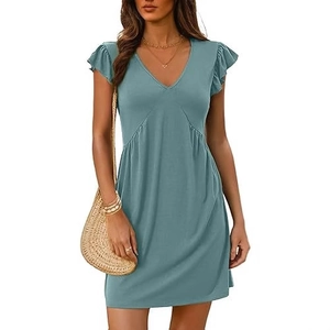 Women's teal V-neck mini dress with ruffled cap sleeves and pleated waist detail