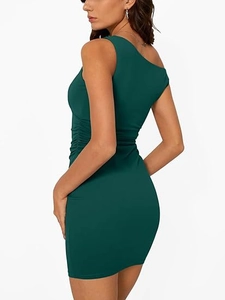 Detail of dark green ruched texture and fitted cut on sleeveless one-shoulder dress