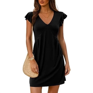 Women's black V-neck mini dress with ruffle sleeves and stylish pleated design details