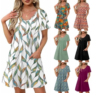 Women Casual V Neck Short Sleeve Dress With Pockets Summer Floral Tropical Geometric Print A-Line Mini Dress For Vacation