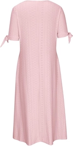 Detail of pink eyelet embroidered dress showing short sleeves with tie-knot bow accents