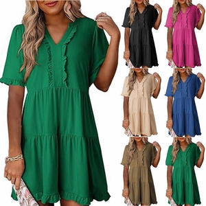 Women V-neck Ruffle Short Sleeve Tiered Mini Dress Casual Loose Summer Cake Dress Solid Color Elegant Fashion Beachwear
