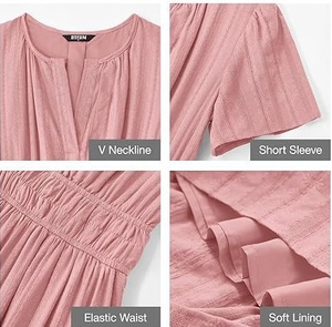 Detail view of pink V-neckline, puff short sleeves, and elastic waist on a textured dress
