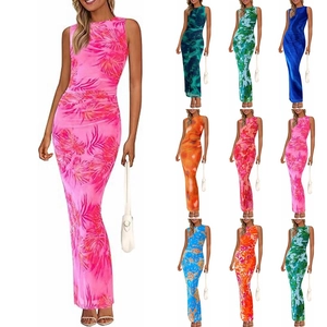 Robe Maxi Sexy pour Femmes Sans Manches Col Rond Froncé Imprimé Floral Moulante Bodycon Vacances d'Été Fête Élégante Robe Longue