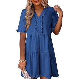 Women's casual navy blue V-neck ruffled mini dress with layered skirt and short sleeves