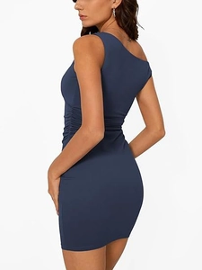 Detail of navy blue one-shoulder mini dress featuring side ruching and slim fit style