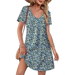 Women's V-neck short sleeve floral mini dress with pockets for summer casual wear